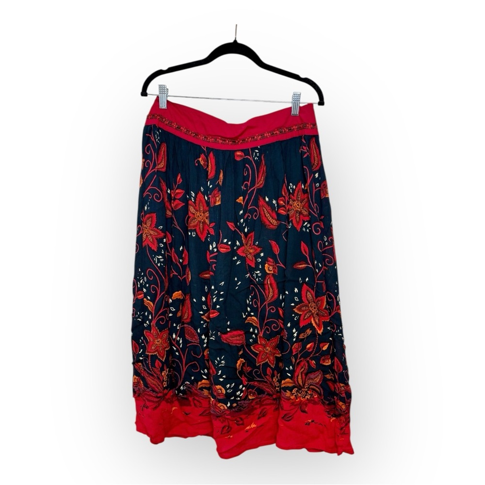 R.Q.T. Red Black Floral Boho Midi Skirt Dark Romantic Hippie Festival Size 10